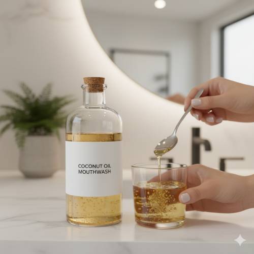 Zahnzusatzversicherung für Füllungen. So vermeiden Sie den Bedarf. Auf dem Bild ist eine Flasche mit Kokosöl zu sehen.