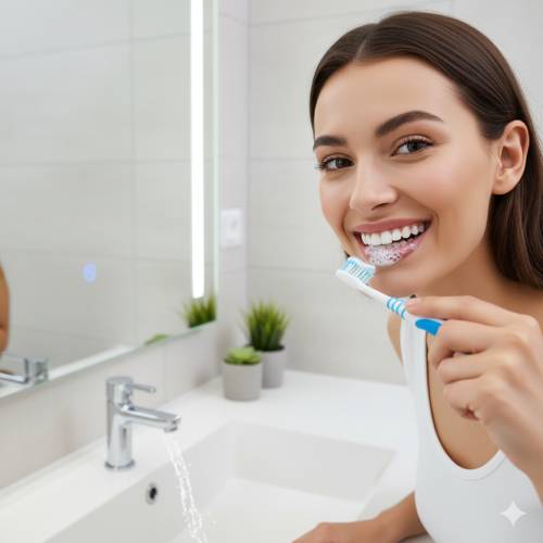 Zahnzusatzversicherung für Füllungen. So vermeiden Sie den Bedarf. Auf dem Bild ist eine Frau, beim Zähneputzen zu sehen.a